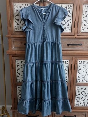 TCEC Chambray Tiered Midi Dress in Denim Blue with Ruffled Sleeves
